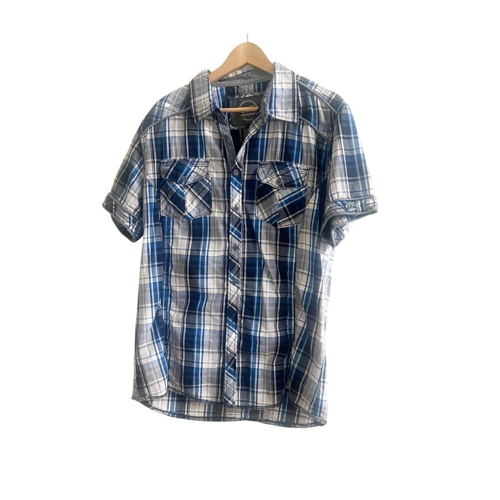 Men's BKE Blue & Gray Plaid Button Down Standard Fit Shirt Size Large L Collared